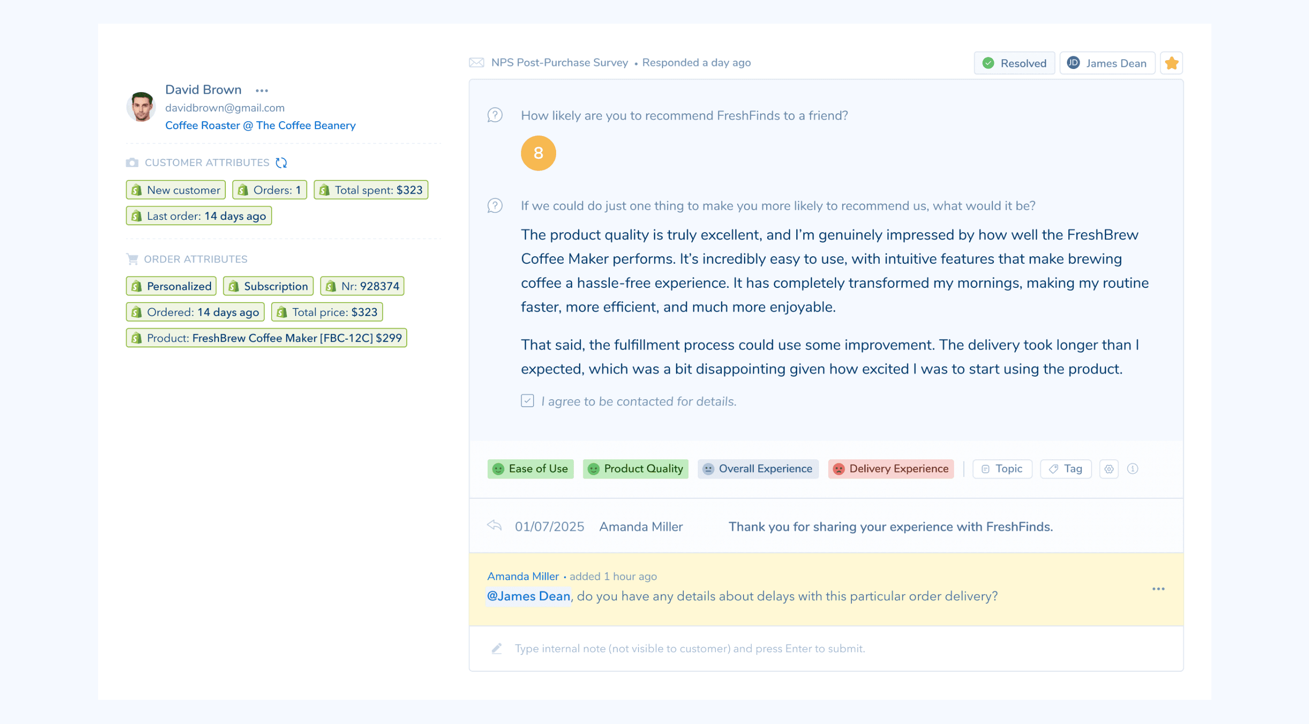 Retently survey feedback control showing data enrichment and customer context
