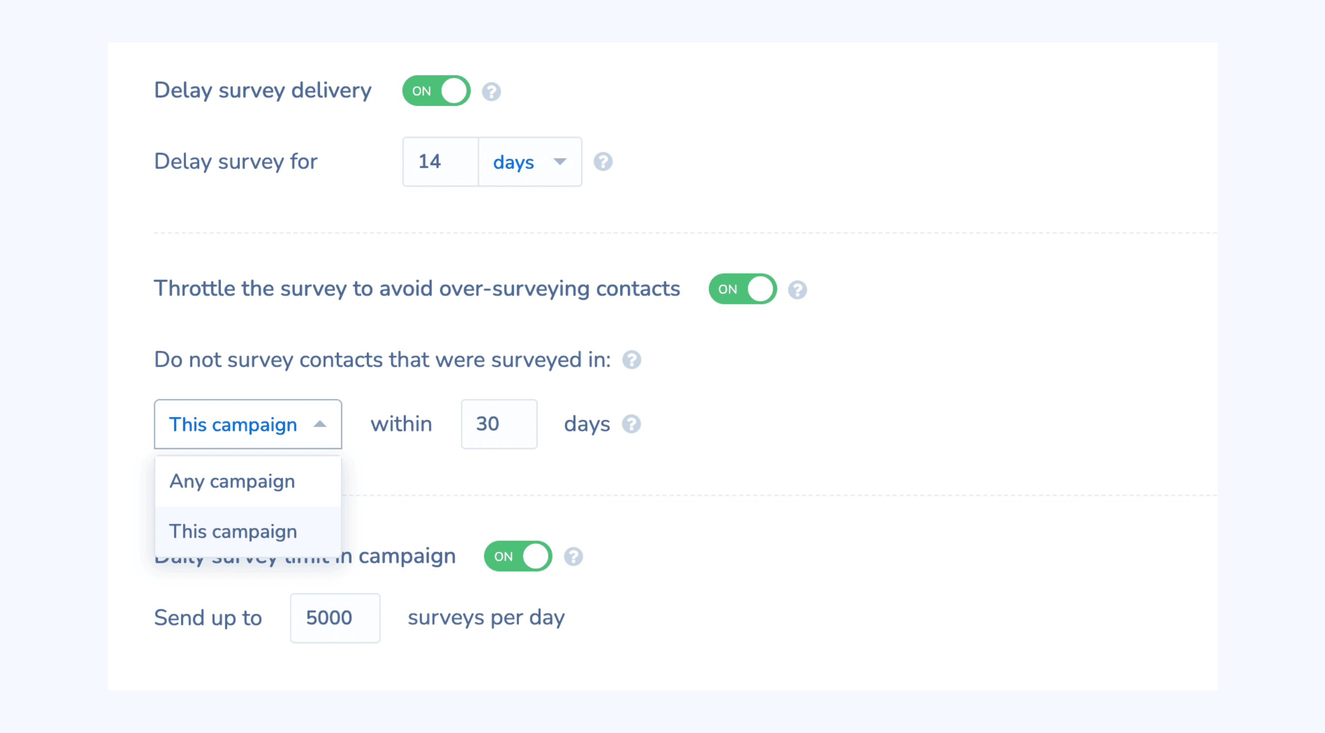 Retently survey management controls showing advanced scheduling and throttling options