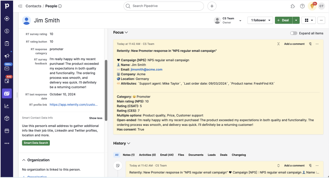 Automatically export survey feedback and ratings to Pipedrive